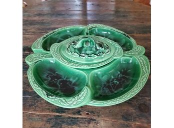 Antique Green Relish Tray - 5 Dishes With Lid - 6 Pieces!