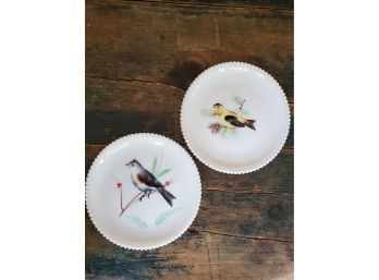 Antique / Vintage Set Of (2) Milk Glass Bird Plates