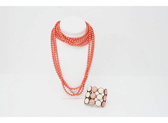 Vintage Coral Tone Triple Strand Necklace & Modern Cuff