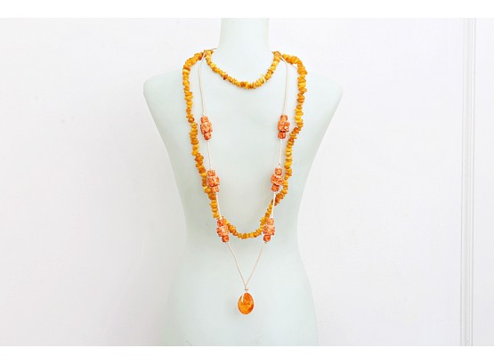 Set Of Three Amber And Amber Composite Necklaces