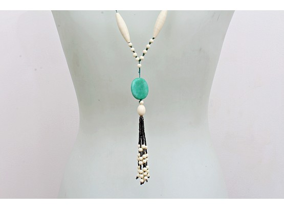 Lovely Ceramic & Beaded Tassel Pendant Necklace