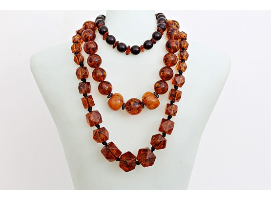 Set Of Three Beaded Necklaces With Mixed Amber, Composite And Glass