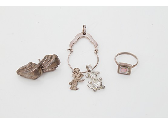 Cute Sterling Silver Group - Pendant Charm Holder & Singed Earrings & Ring