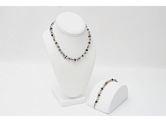 Fabulous Sterling Silver And Stone Bead Necklace & Matching Bracelet
