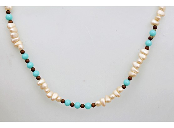 Faux Pearl, Wood & Bead Necklace