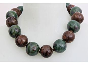 Chunky Brown And Teal Enamel Patina Bead Necklace