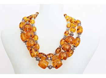 Set Of Three Amber-colored Beaded Necklaces With Silver-colored Beads