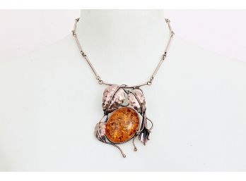 Unique Vintage Art Deco Floral Sterling Silver And Amber Necklace