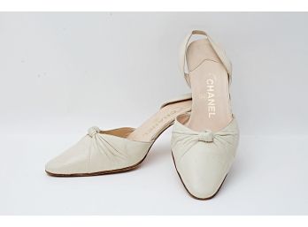 Chanel White Leather Slingback Heels, Size 39.5