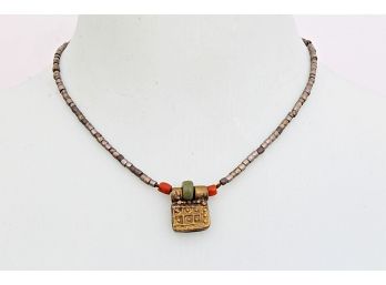 Asian-inspired Antiqued Gold Finish Pendant Necklace With Metallic Beads On Chain