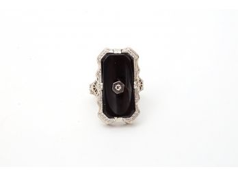 14K White Gold Onyx & Diamond Chip Ring, Size 6