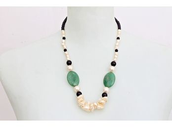 Possible Jade, Natural Pearl And Black Stone Necklace