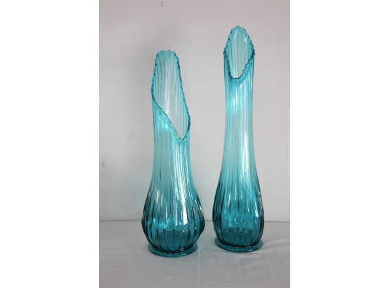 Three Blue Ribbed Art Glass Vases