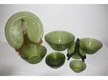 Nine Green Art Glass Bowls & A Plate
