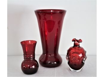 Two Art Glass Vases & A Vintage Perfum Bottle
