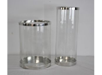 Two Nice Clear Glass Candle Hurricanes With Silver Trinm