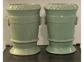 Pair Maitland Smith, LTD Celadon Green Ceramic Urns - Retali $750/pr