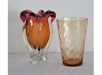 Two Art Glass Vases - The Fluted One Is Russian Glass