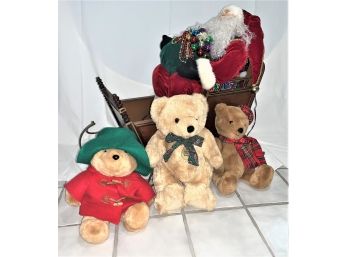 Santa And Sleigh Along With Three Teddy Bears