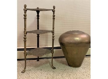 Vintage Metal Corner Stand And Brass Urn