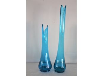 Two Blue Art Glass Tall Vases
