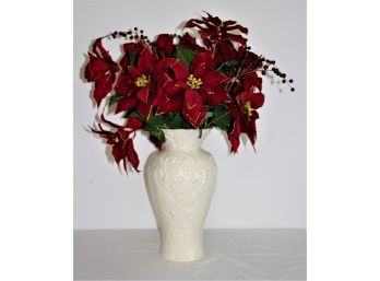 Beautiful Large Lenox Vase With Faux Poinsettia Arrangement