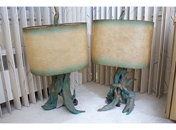 Pair 1950 Driftwood Lamps With Original Oval Shape Shades Pair Retail $1,250