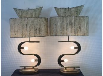 Extraordinary Pair Mid Century Table Lamps With Interesting Mica Shades