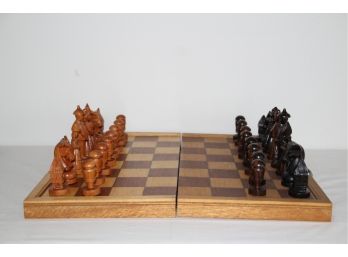 Cased Chess Set With Carved Wood Pieces