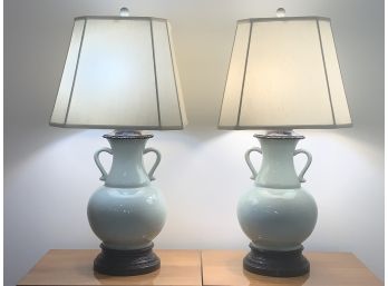 Pair Wonderful Celadon Crackle Glaze Oriental Style Urn Form Table Lamps
