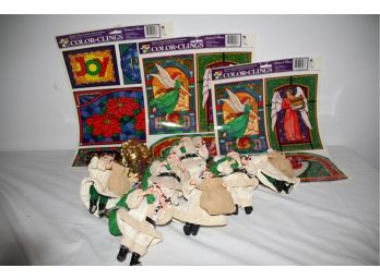 Group Of  Eight Santa Ornaments , An Angel And A Group Of Window Decals