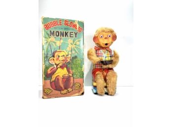 Vintage • In Original Box • Lithographed Tin Toy • Bubble Blowing Monkey • Battery Operated