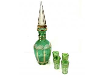 Vintage • Green Glass Decanter And Shot Glasses*