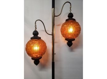 Hard To Find Awesome Mid Century Modern Floor To Ceiling Two Textured Glass Amber Globe Pole Light