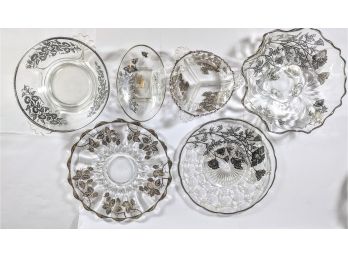 Silver City Glass Co 6 Piece Split Glass Serving Tray Set With Elegant Foliage Designs