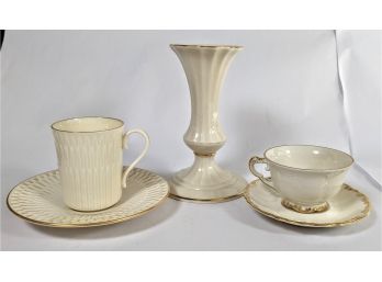 Wedded Set Of Fine China Coffee Mug, Tea Cup, Candlestick And Saucers By Lennox And Czechoslovakia