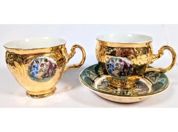 Set Of Metallic Cups And A Saucer With Antique Images By Arklow Pottery