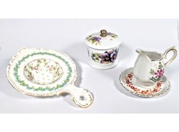 Set Of Miscellaneous Fine China Pieces Including A Sugar Bow, A Pitcher And A Tea Filter