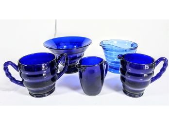 Vintage Cobalt Blue Depression Glass 5 Piece Set - Includes Creamer Sugar Bowland Cups
