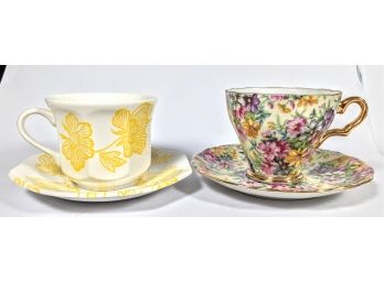 Wedded Pair Of Fine China Tea Cups And Saucers With Energetic Floral Patterns From Staffordshire And Unmarked