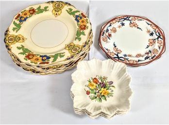 Set Of Fine China Dinner Plates By Wedgewood, Ambassador Ware, And John Maddok Bright Floral Themed