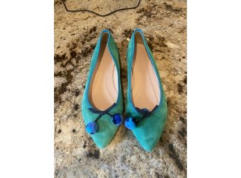 JCrew $118 Gemma Suede Flats With Pom-Poms Sz 8 Green Pointed Ballet Flats