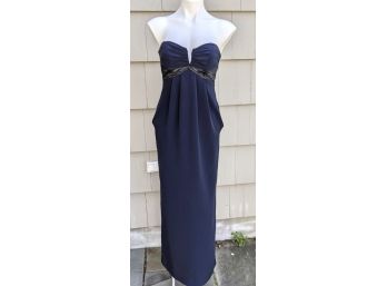 Stunning Strapless Nicole Miller Designer Evening Gown - Navy With Iridescent Trim In Metallic Grey