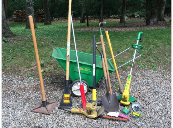 Great Assorted Garden Tool Lot - Sledgehammer - Hedge Trimmer - Tamper - Chipper - Shovel & More