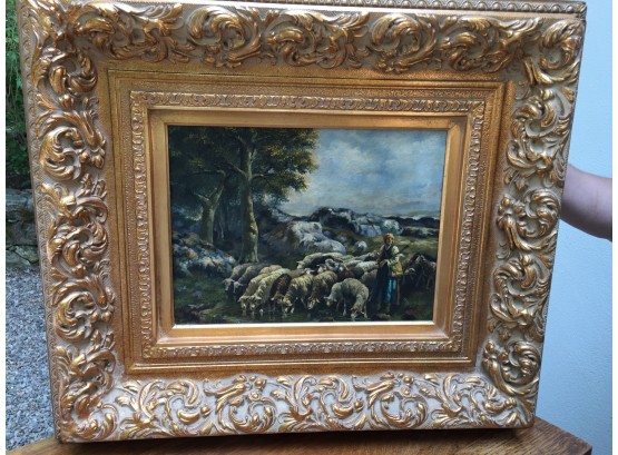 Lovely Oil On Board Painting Of  Sheep &  Shepherdess - Beautiful Ornate Gold Frame
