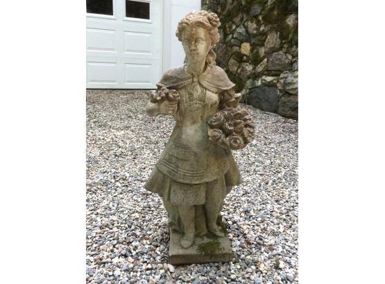 Fantastic Antique Cement Garden Statue - Girl W/Cape & Flowers - Great Patina - (From England)