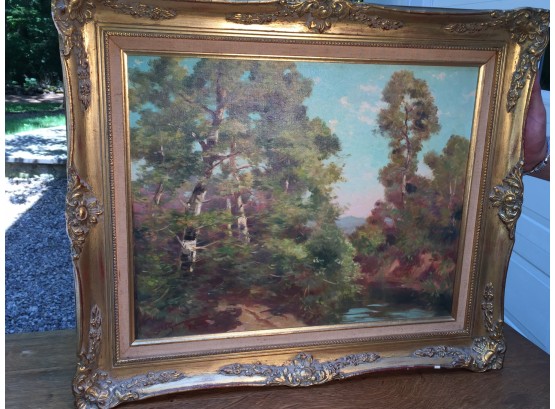 Very Pretty Vintage Oil On Canvas (Italian - Roma) Illegibly Signed (Roma) Painting Of Trees & Stream