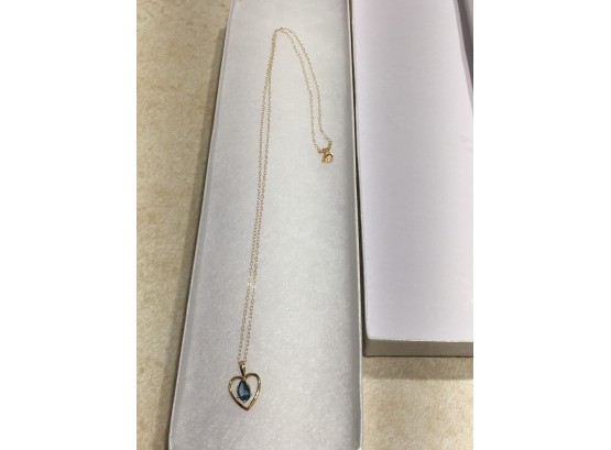 Wonderful 14k Gold Chain W/Heart & Sapphire Pendant  - Very Pretty Necklace W/Box