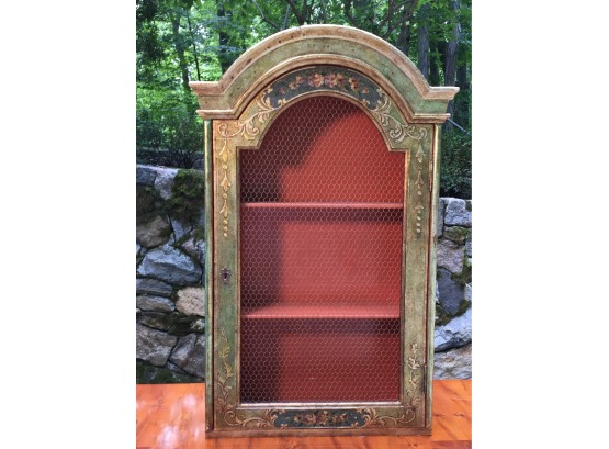 Fantastic Paint Decorated Hanging Cabinet - Made In Italy - W/Wire Mesh Door GREAT PIECE !