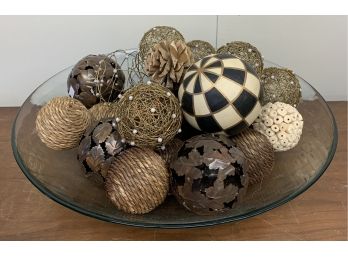 Glass Bowl With Metal/ Twine Spheres
